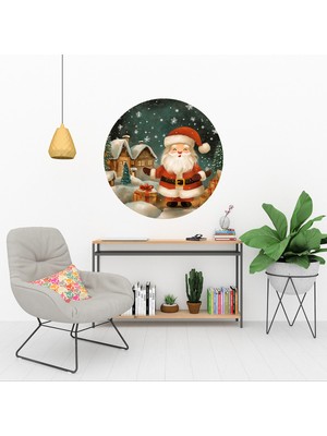 KOSS Dijital Yeni Yıl Noel Baba Yuvarlak Sticker, Yuvarlak Şekilli Sticker, Yılbaşı Karlı Şehir Duvar Dekoru