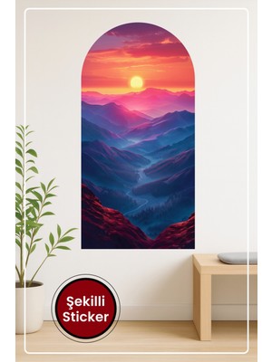 KOSS Dijital Oval Şekilli Gün Batımı Manzaralı Sticker Dağ ve Nehir Temalı Dekoratif Duvar Sticker