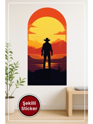 KOSS Dijital Oval Şekilli Renkli Gün Batımı Sticker Kovboy Silüeti ve Dağ Manzarası Temalı Dekoratif Duvar