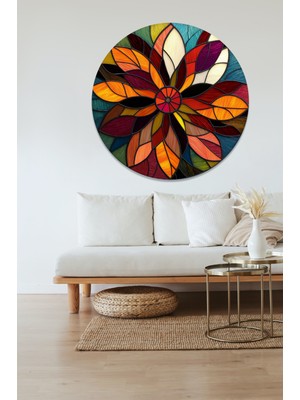 KOSS Dijital Vitray Desenli Çiçekler Yuvarlak Sticker, Yuvarlak Şekilli Sticker, Soyut Renkli Duvar Dekoru