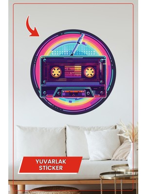 KOSS Dijital Retro Kaset Illüstrasyonlu Renkli Yuvarlak Sticker Neon Tarz Dekoratif Duvar Süsü Ev Ofis Için