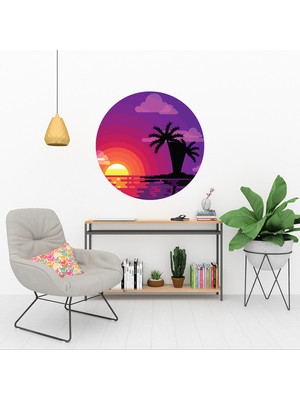 KOSS Dijital Tropikal Palmiye Ağaçları Yuvarlak Sticker, Yuvarlak Şekilli Duvar Stickerı, Yaz Gün Batımı Sticker