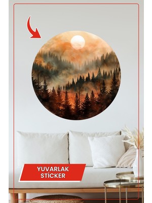 KOSS Dijital Turuncu Sisli Orman Yuvarlak Sticker Güneşli Manzara Suluboya Tarz Dekoratif Çıkartma Ev Ofis
