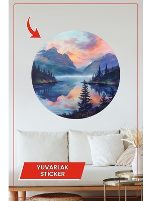 KOSS Dijital Dağ Manzarası ve Gün Batımı Temalı Yuvarlak Sticker Modern Doğa Duvar Dekoru