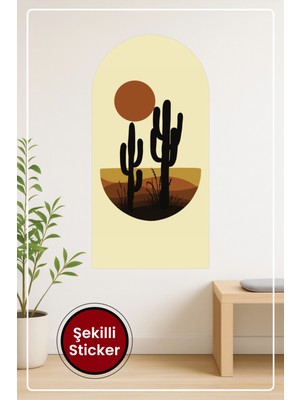 KOSS Dijital Oval Şekilli Minimal Kaktüs ve Güneş Desenli Dekoratif Duvar Sticker Ev Ofis Salon Hol Süs