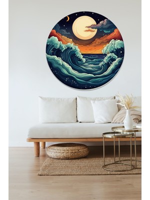 KOSS Dijital Deniz Dalgaları ve Günbatımı Yuvarlak Sticker, Yuvarlak Şekilli Sticker, Manzara Duvar Dekoru