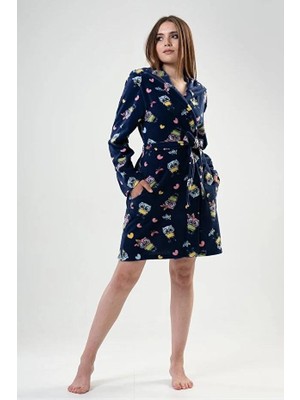 Vienetta 703 Neşeli Desenler Kapüşonlu Kısa Polar Sabahlık