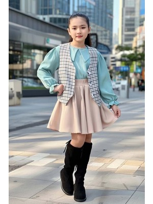 Riccotarz Kız Çocuk Bebe Yaka Bilekler Lastikli Yeşil Kazak Ekose Detay Cepken ve Penye Etekli Takım