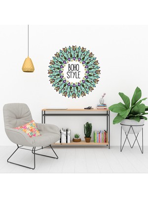 KOSS Dijital Bohem Tarzı Etnik Yuvarlak Sticker, Yuvarlak Şekilli Duvar Stickerı, Ok Simgeli Duvar Dekoru