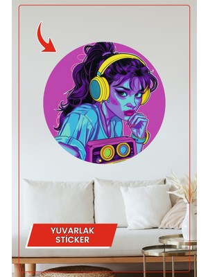 KOSS Dijital Neon Kulaklıklı Kız Tasarımlı Yuvarlak Sticker Modern Pop Art Duvar Dekoru Ev Ofis Aksesuarı