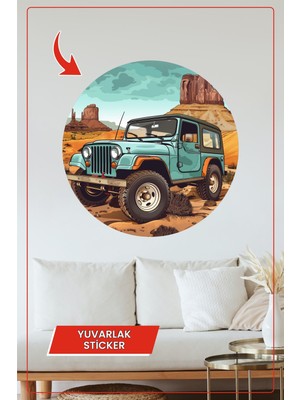 KOSS Dijital Retro Jeep Yuvarlak Sticker Çöl ve Dağ Manzaralı Klasik Arazi Aracı Dekoratif Çıkartma Ev Ofis