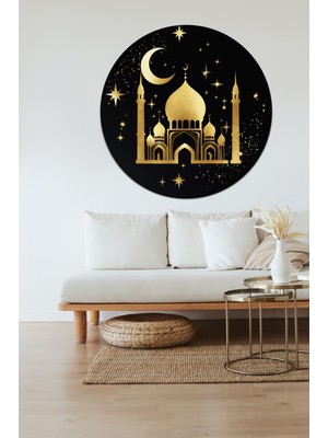 KOSS Dijital Eşsiz Ay ve Cami Yuvarlak Sticker, Yuvarlak Şekilli Sticker, Siyah ve Sarı Renkli Duvar Dekoru