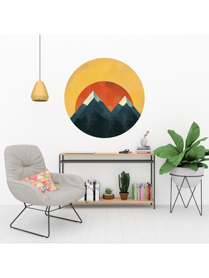 KOSS Dijital Soyut Dağ ve Minimal Dağ Yuvarlak Sticker, Yuvarlak Şekilli Sticker, Bohem Renklerde Duvar Dekoru