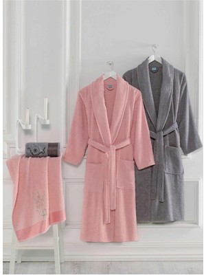 Mira Home 4 Parça Aile Bornoz Seti Kadın Erkek Havlulu Bornoz Takımı Pembe Gri