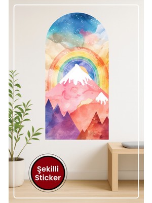 KOSS Dijital Oval Şekilli Renkli Dağ Kar Kaplı Zirve Gökkuşağı ve Pastel Gökyüzü Temalı Duvar Sticker