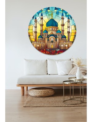 KOSS Dijital Mozaik Desenli Cami Yuvarlak Sticker, Yuvarlak Şekilli Sticker, Renkli Cami Duvar Dekoru