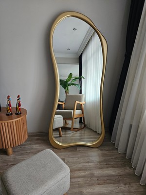 Uğurlu Ayna 180X80 cm Asimetrik Boy Aynası-Gold Ahşap Görünümlü Dekoratif Boy Aynası