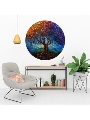 KOSS Dijital Rengarenk Hayat Ağacı Yuvarlak Sticker, Yuvarlak Sticker, Modern Soyut Renkli Ağaç Duvar Dekoru