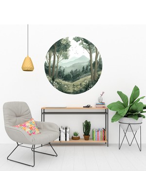 KOSS Dijital Doğa Manzarası Yuvarlak Sticker, Yuvarlak Şekilli Sticker, Pastel Renklerde Duvar Dekoru