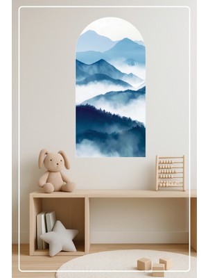 KOSS Dijital Oval Şekilli Dağ Manzaralı Sticker Mavi Tonlu Sisli Görünümlü Dekoratif Duvar Sticker