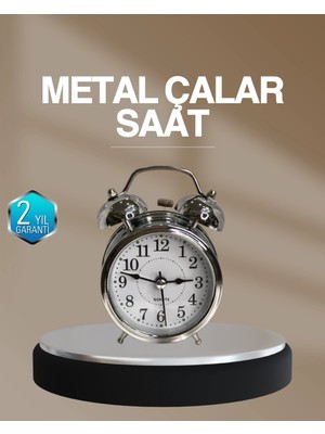 Epilons Dekoratif Yuvarlak Gümüş Sessiz Işıklı Masa Üstü Çalar Saat Alarmlı ve Şık Tasarım