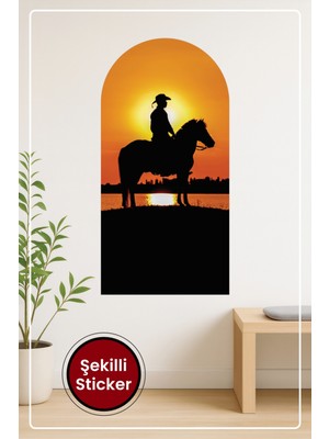 KOSS Dijital Oval Şekilli Günbatımı ve Kovboy Desenli Dekoratif Duvar Sticker Ev Ofis Salon Hol Için Süs