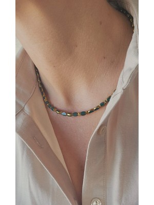 Mith Sb Takı Paslanmaz Çelik Özel Tasarım Koyu Yeşil Çek Cam Boncuk&hematit Kolye-No4