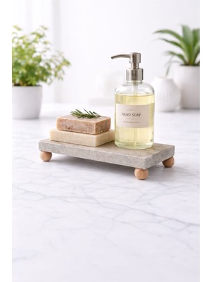 Doğal Mermer Organizer 12X25 cm | Ahşap Ayaklı Banyo Düzenleyici & Yağdanlık Altlığı | Stand