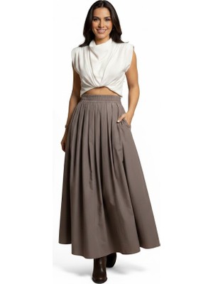 Salome Butik Kadın Piliseli Maxi Boy Poplin Etek