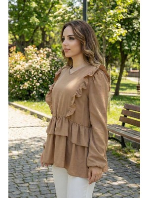 Bym Fashion Fırfır Detay Bel Lastikli Kat Görünümlü Bluz 5207 Taba