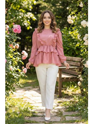 Bym Fashion Fırfır Detay Bel Lastikli Kat Görünümlü Bluz 5207 Pudra