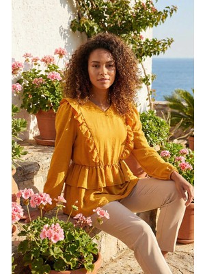 Bym Fashion Fırfır Detay Bel Lastikli Kat Görünümlü Bluz 5207 Hardal