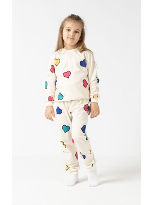 Buufuu Kız Çocuk Cıvıl Cıvıl Rengarenk Kalp Baskılı Alt-Üst Takım