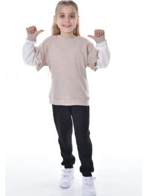 Buufuu Kol Fırfır Detaylı %100 Pamuk Uzun Kol Kız Çocuk Alt Üst Takım