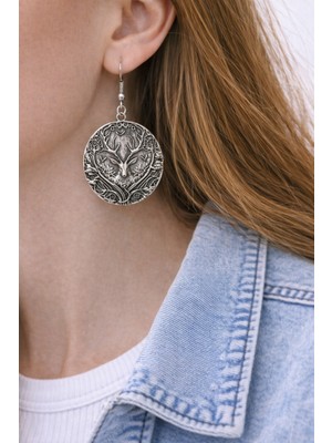 Herşey Nota Geyik Başlı Yaşam Ağacı Motifli Gümüş Renk Metal Unisex Sallantılı Küpe