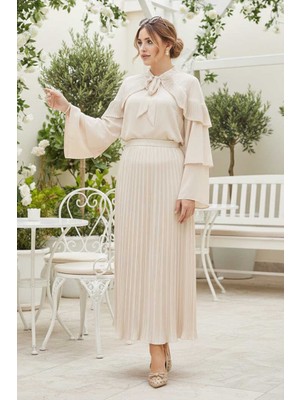 Bym Fashion Omuz Fırfır Görünümlü Yaka Bağlamalı Katlı Kol Detay Bluz 5263 Taş