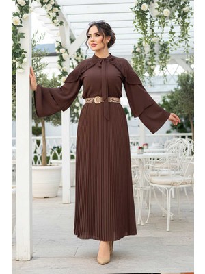 Bym Fashion Omuz Fırfır Görünümlü Yaka Bağlamalı Katlı Kol Detay Bluz 5263 Kahverengi