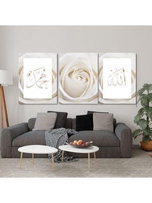 Artarilion Dikey 3'lü Kanvas Tablo Allah Hz.muhammed Beyaz Gül Dini Manevi Islami Duvar Salon Tablosu