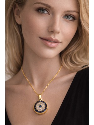 Stainless Steel Mavi & Beyaz Taşlı Premium Altın Kaplama Kolye