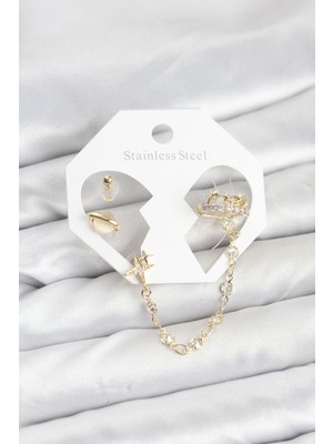 Clariss Pirinç Gold Renk Uzay Model Zincir Bağlantılı Ear Cuff Küpe Seti