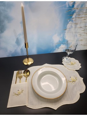 Nakışkonsept 6 Kişilik Kuş Motifi Nakış Işlemeli Amerikan Servis Takımı