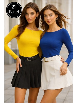 Rich Kadın Saks Mavi-Sarı 2'li Paket Kayık Yaka Uzun Kollu Bluz