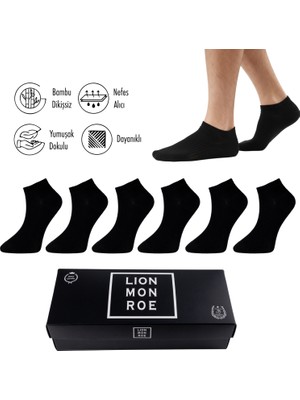 Lion Monroe Bambu Erkek Patik Düz Siyah Çorap Dikişsiz Premium Kutulu 6'lı