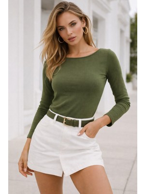 Rich Kadın Yeşil Kayık Yaka Uzun Kollu Bluz
