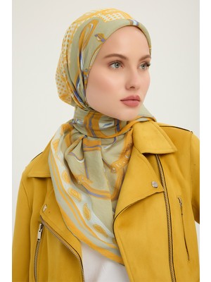 Schaless Süvarinin Arması - Sarı - Vierra Desenli Viskon Eşarp - 90X90 cm