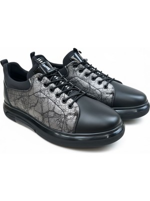 Zueofficial Hakiki Deri Erkek Sneaker - Siyah & Gümüş Eskitme Desenli Günlük Ayakkabı