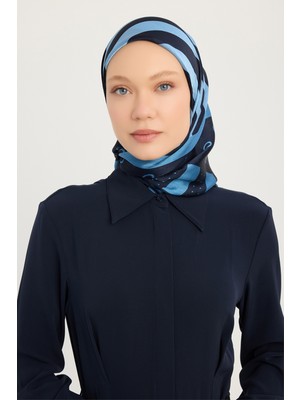 Schaless Ritmik Geometri - Mavi - Aurora Desenli Janjan Eşarp - 90X90 cm