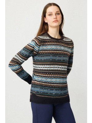 Desen Triko Kadın Sıfır Yaka Komple Jakarlı Yün Kazak K.kahve