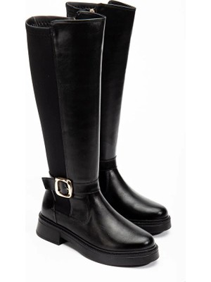 Kindep Gümüş Toka Detaylı Esnek Dalgıç Kumaş Dizaltı Kadın Çizme Siyah