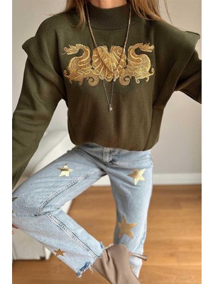 Ecenin Favorileri Yeşil Yarım Balıkçı Yaka Ejder Nakışlı Kadın Kazak